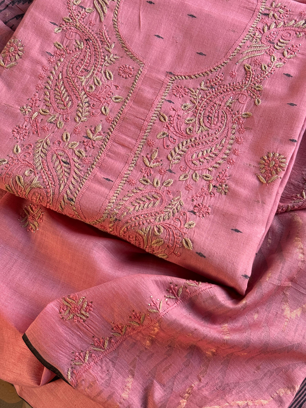 Pink Shade Jamdani X Chikankari Unstitched Fabric