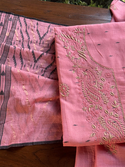 Pink Shade Jamdani X Chikankari Unstitched Fabric