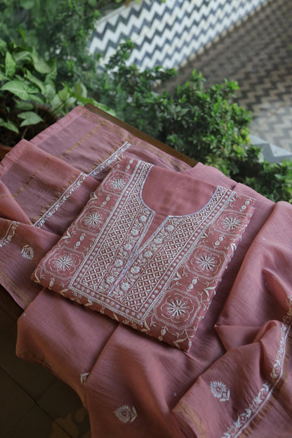 Pink Shade Mal Chanderi Silk Chikankari Unstitched Fabric