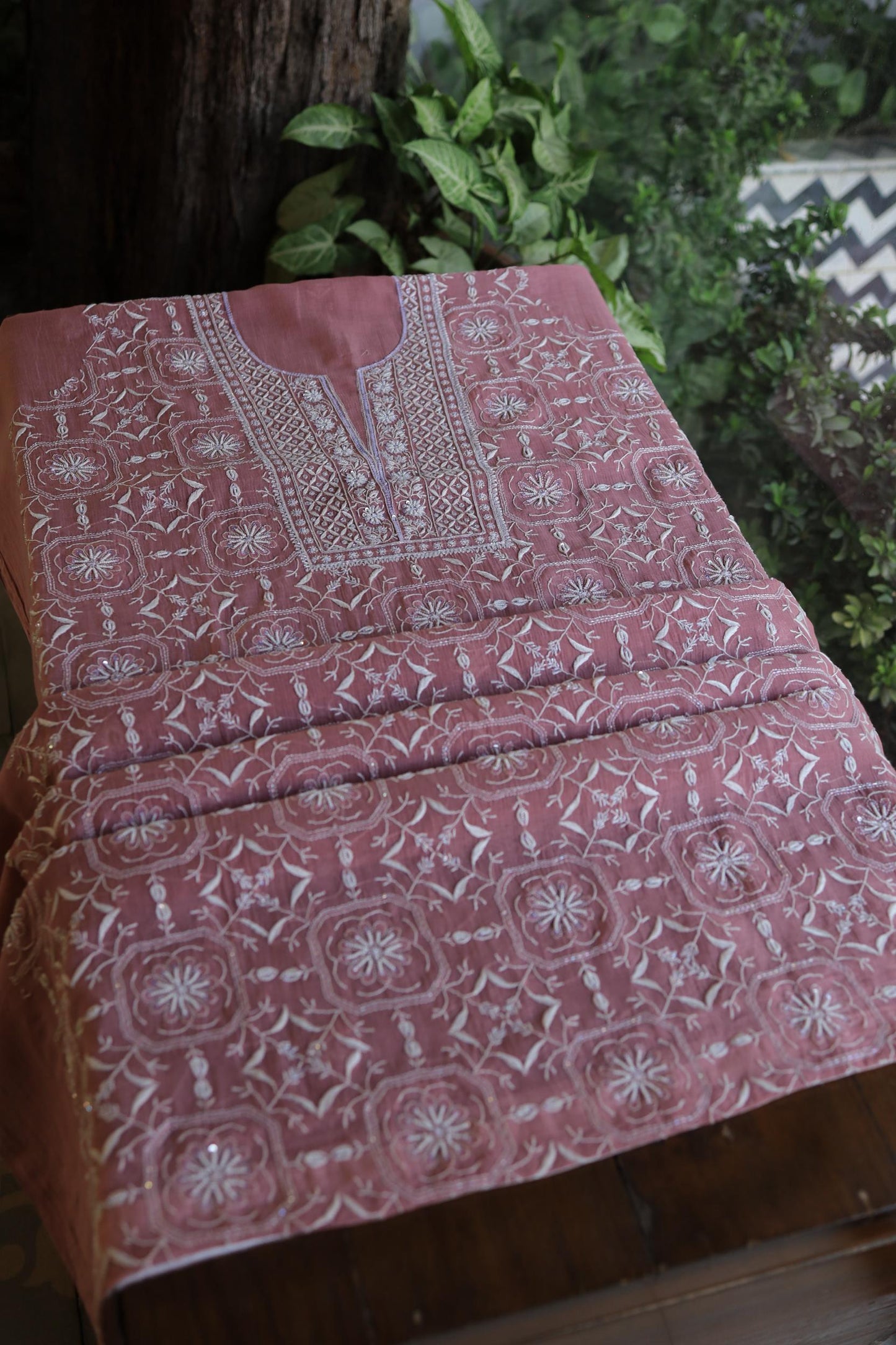 Pink Shade Mal Chanderi Silk Chikankari Unstitched Fabric