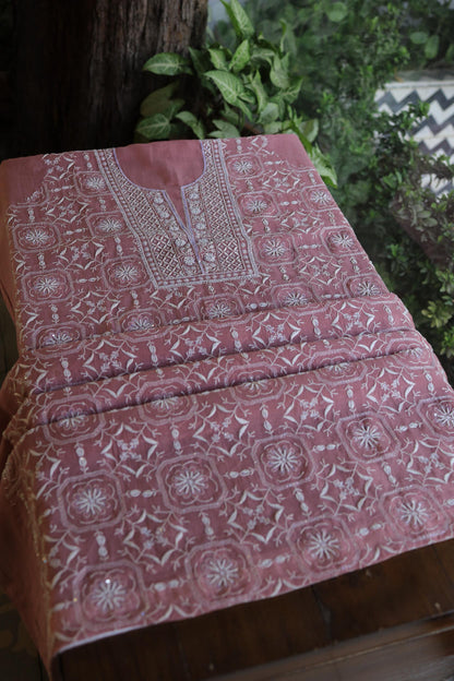 Pink Shade Mal Chanderi Silk Chikankari Unstitched Fabric