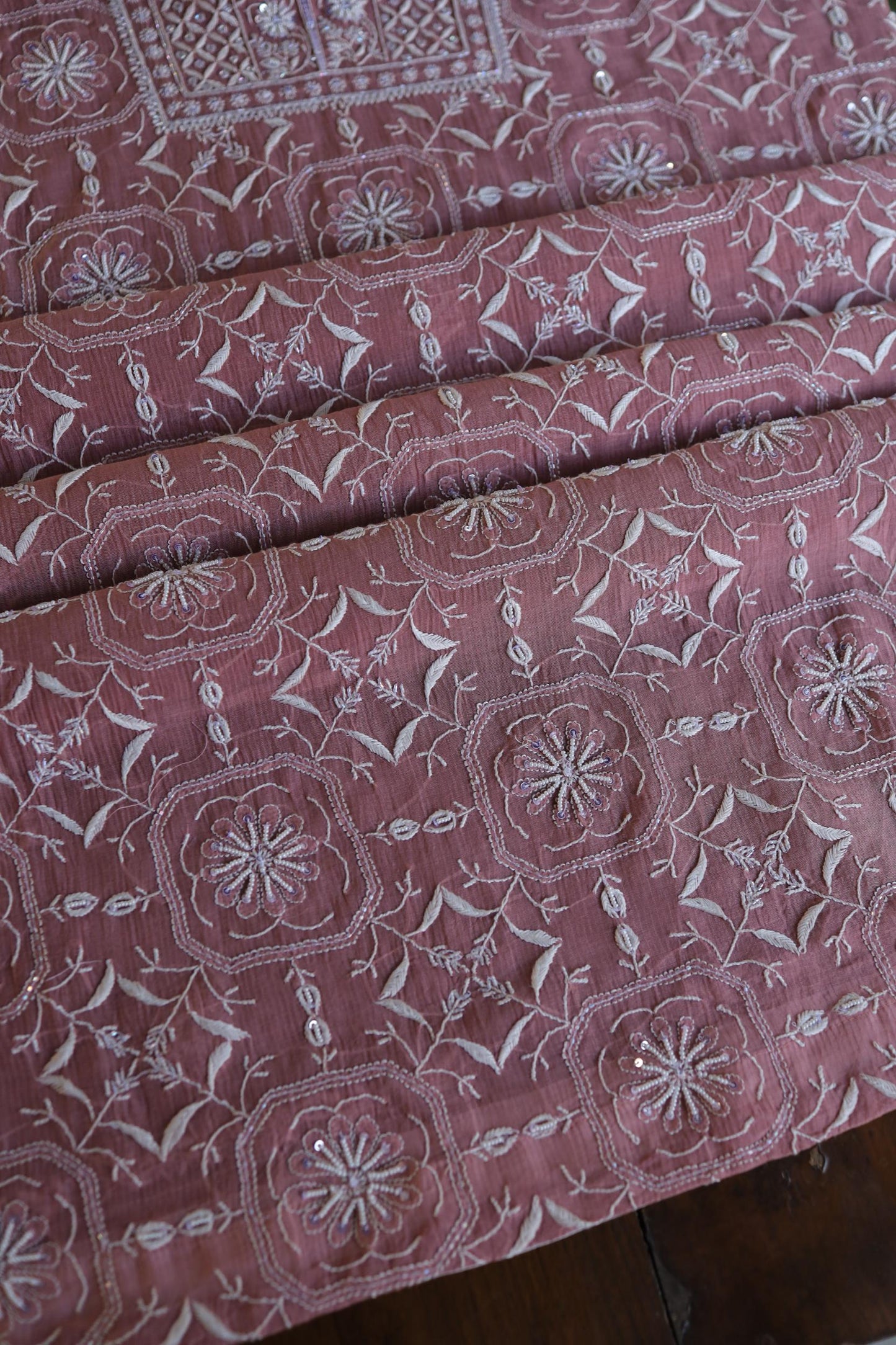 Pink Shade Mal Chanderi Silk Chikankari Unstitched Fabric