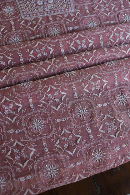 Pink Shade Mal Chanderi Silk Chikankari Unstitched Fabric