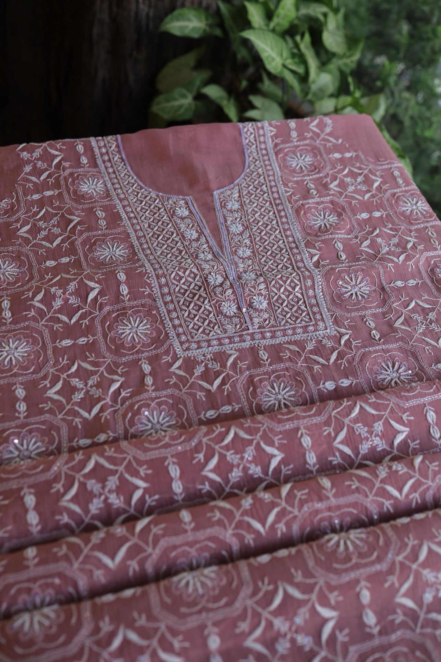 Pink Shade Mal Chanderi Silk Chikankari Unstitched Fabric