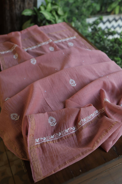 Pink Shade Mal Chanderi Silk Chikankari Unstitched Fabric