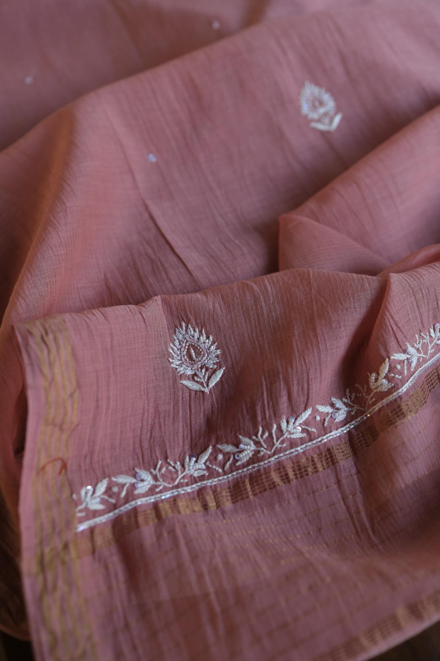 Pink Shade Mal Chanderi Silk Chikankari Unstitched Fabric