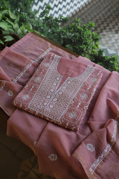 Pink Shade Mal Chanderi Silk Chikankari Unstitched Fabric