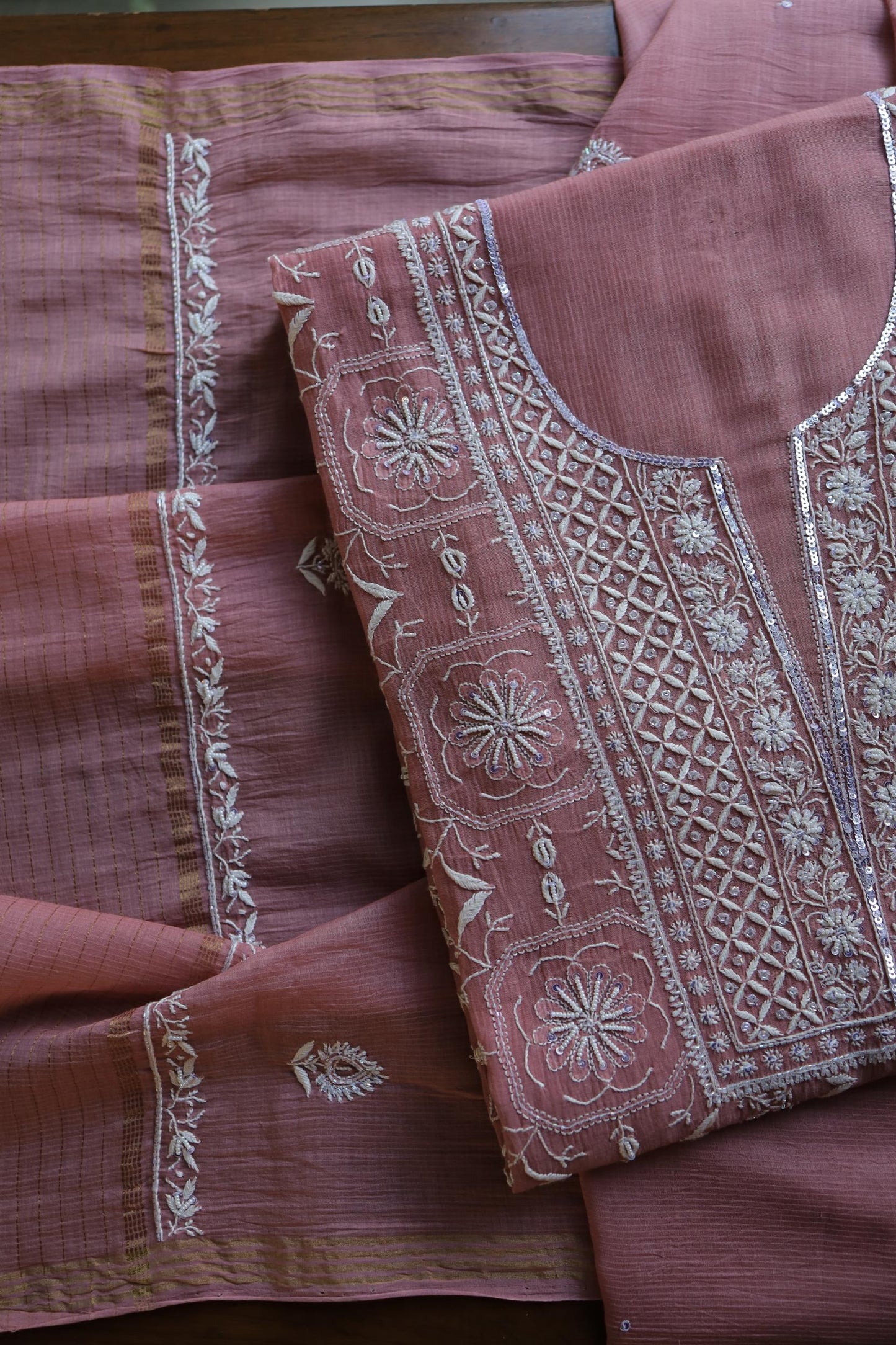 Pink Shade Mal Chanderi Silk Chikankari Unstitched Fabric