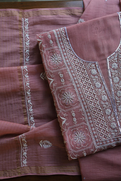 Pink Shade Mal Chanderi Silk Chikankari Unstitched Fabric