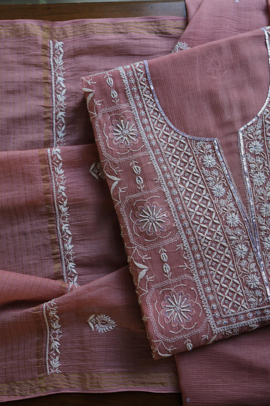 Pink Shade Mal Chanderi Silk Chikankari Unstitched Fabric