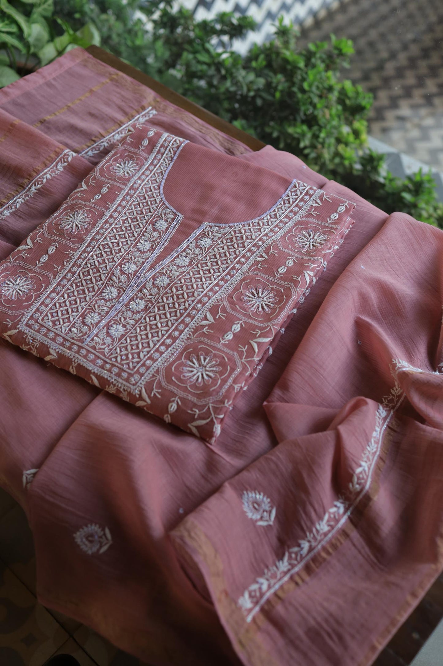 Pink Shade Mal Chanderi Silk Chikankari Unstitched Fabric