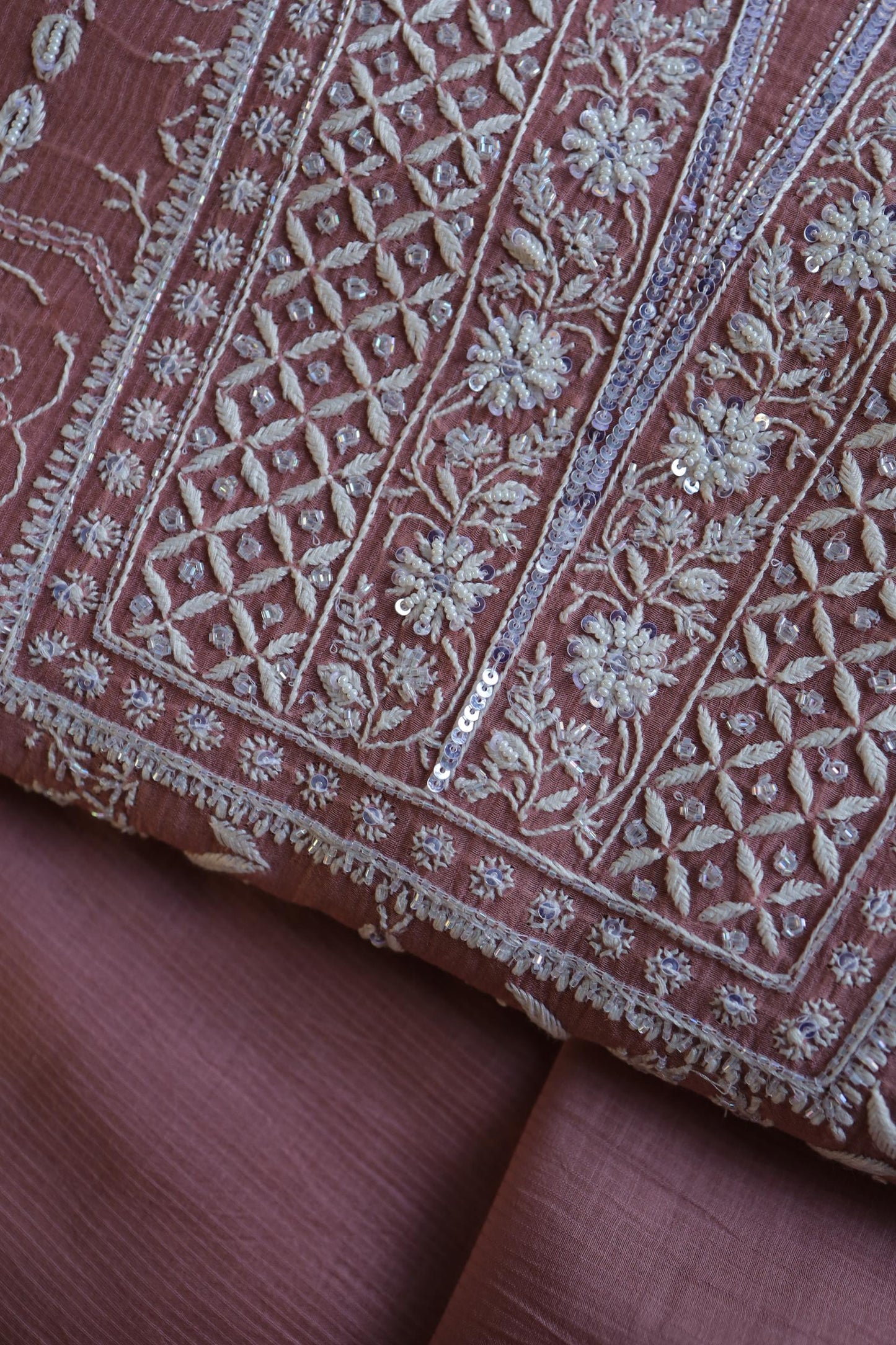 Pink Shade Mal Chanderi Silk Chikankari Unstitched Fabric