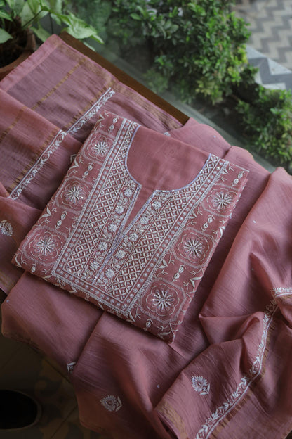 Pink Shade Mal Chanderi Silk Chikankari Unstitched Fabric