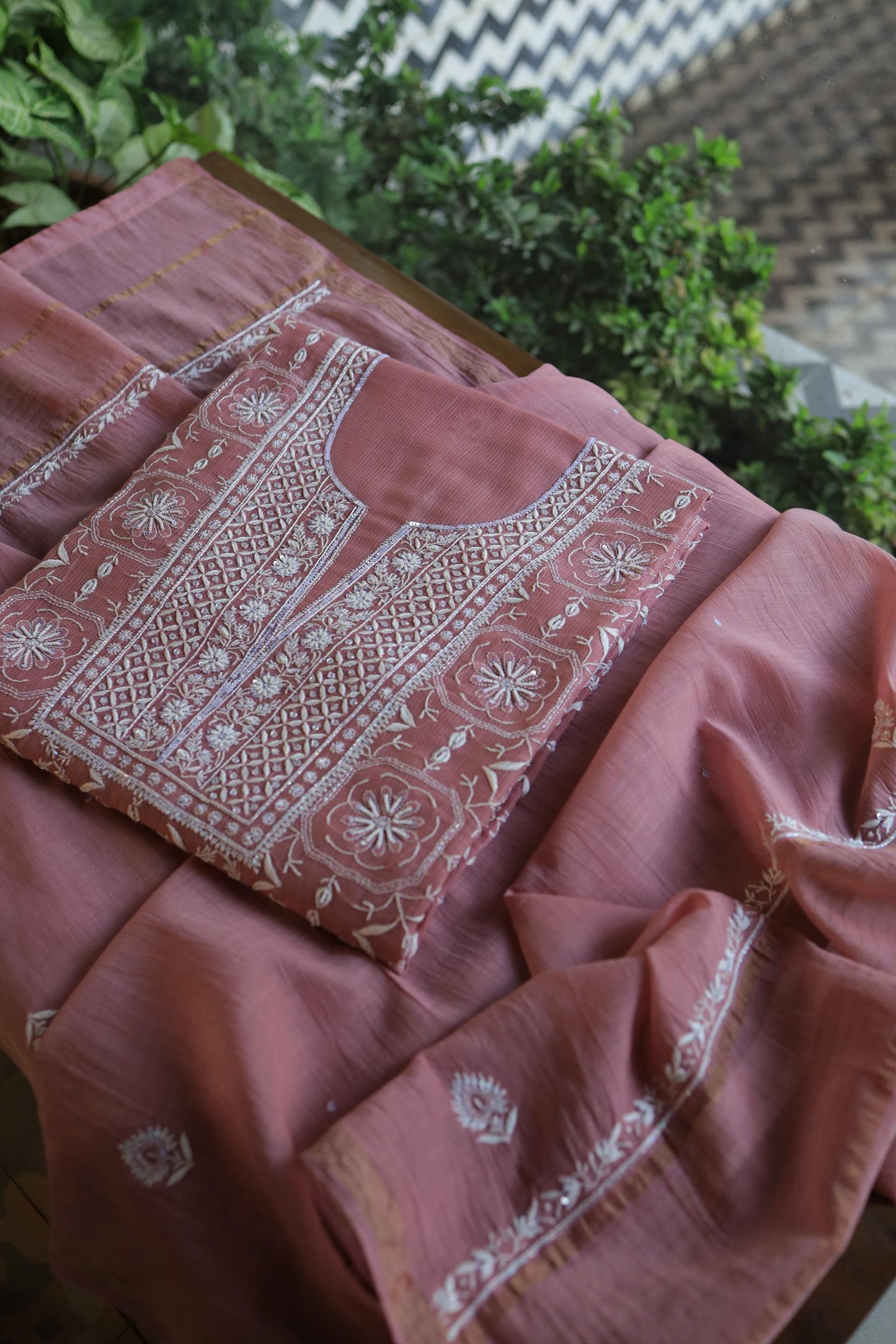 Pink Shade Mal Chanderi Silk Chikankari Unstitched Fabric