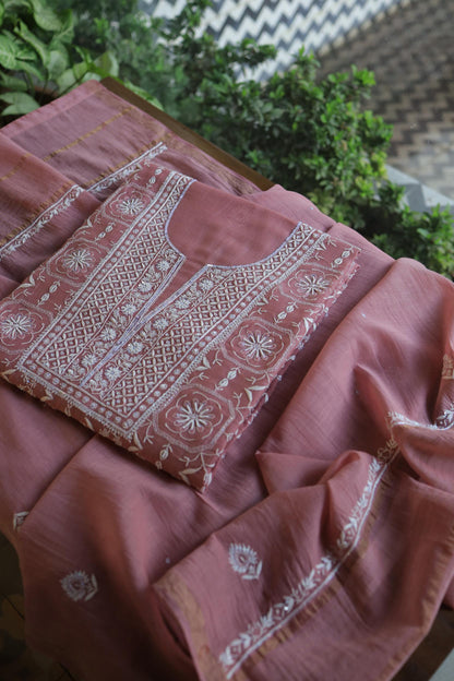 Pink Shade Mal Chanderi Silk Chikankari Unstitched Fabric