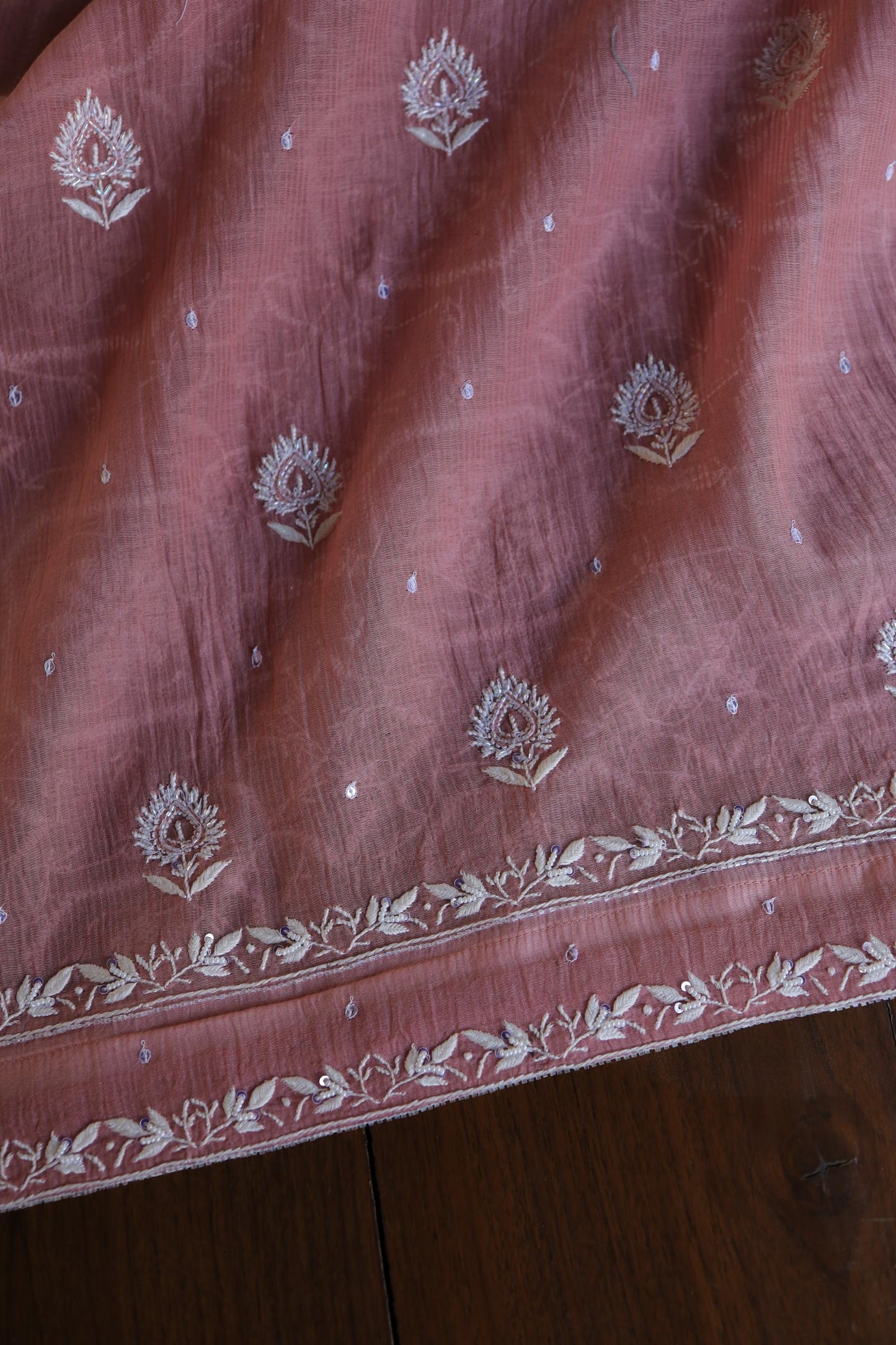 Pink Shade Mal Chanderi Silk Chikankari Unstitched Fabric