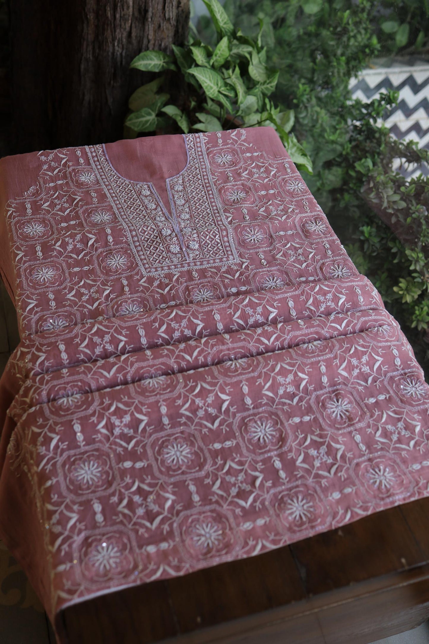 Pink Shade Mal Chanderi Silk Chikankari Unstitched Fabric