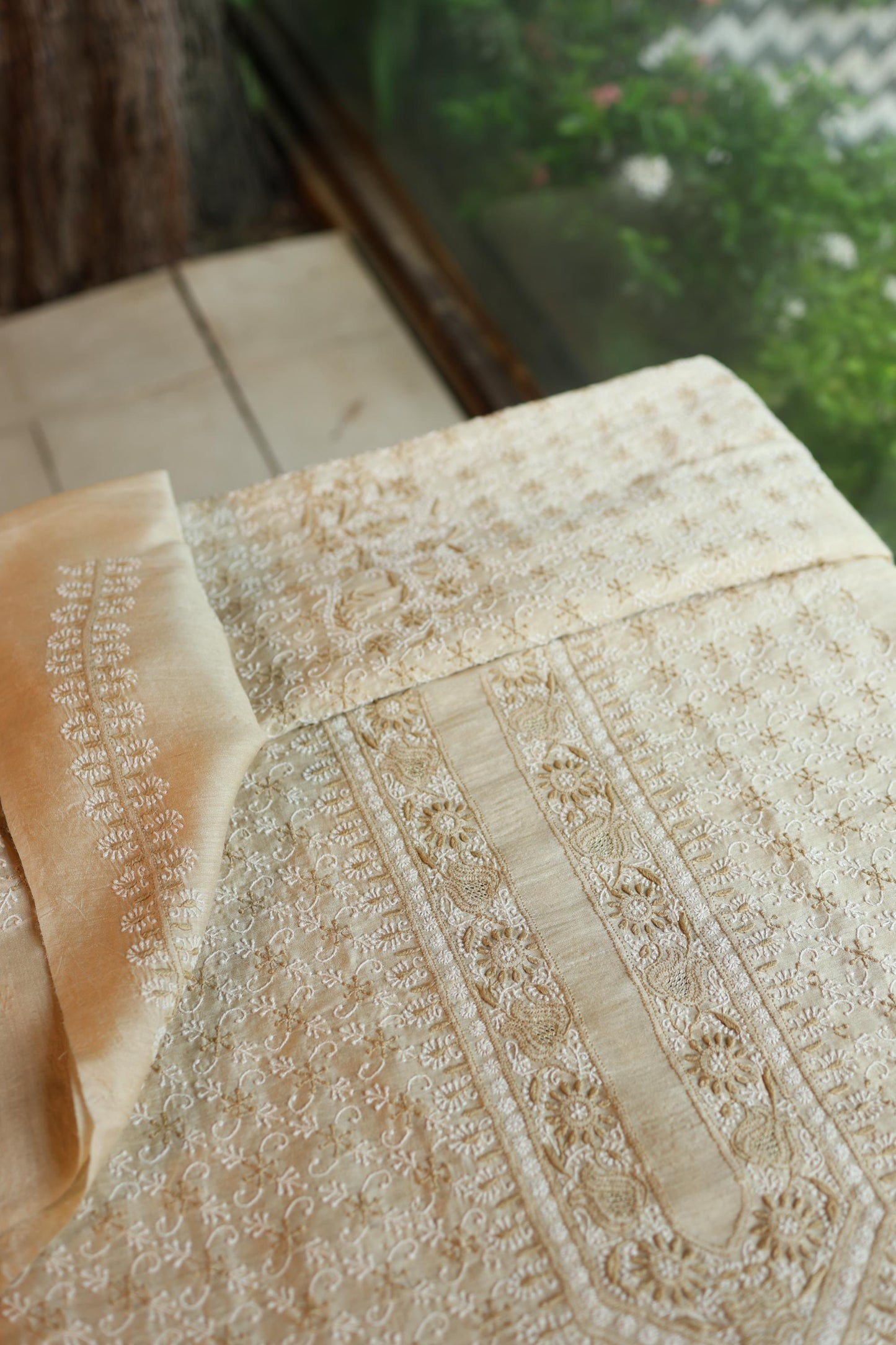 Natural Beige Tussar Silk All Over Jaal Chikankari Men’s Kurta Fabric