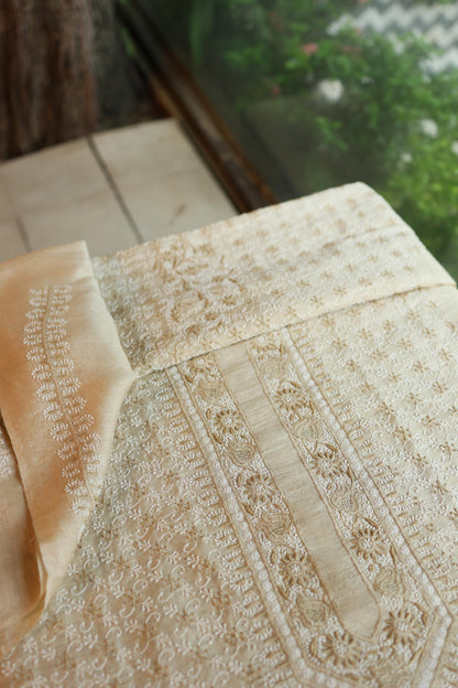 Natural Beige Tussar Silk All Over Jaal Chikankari Men’s Kurta Fabric
