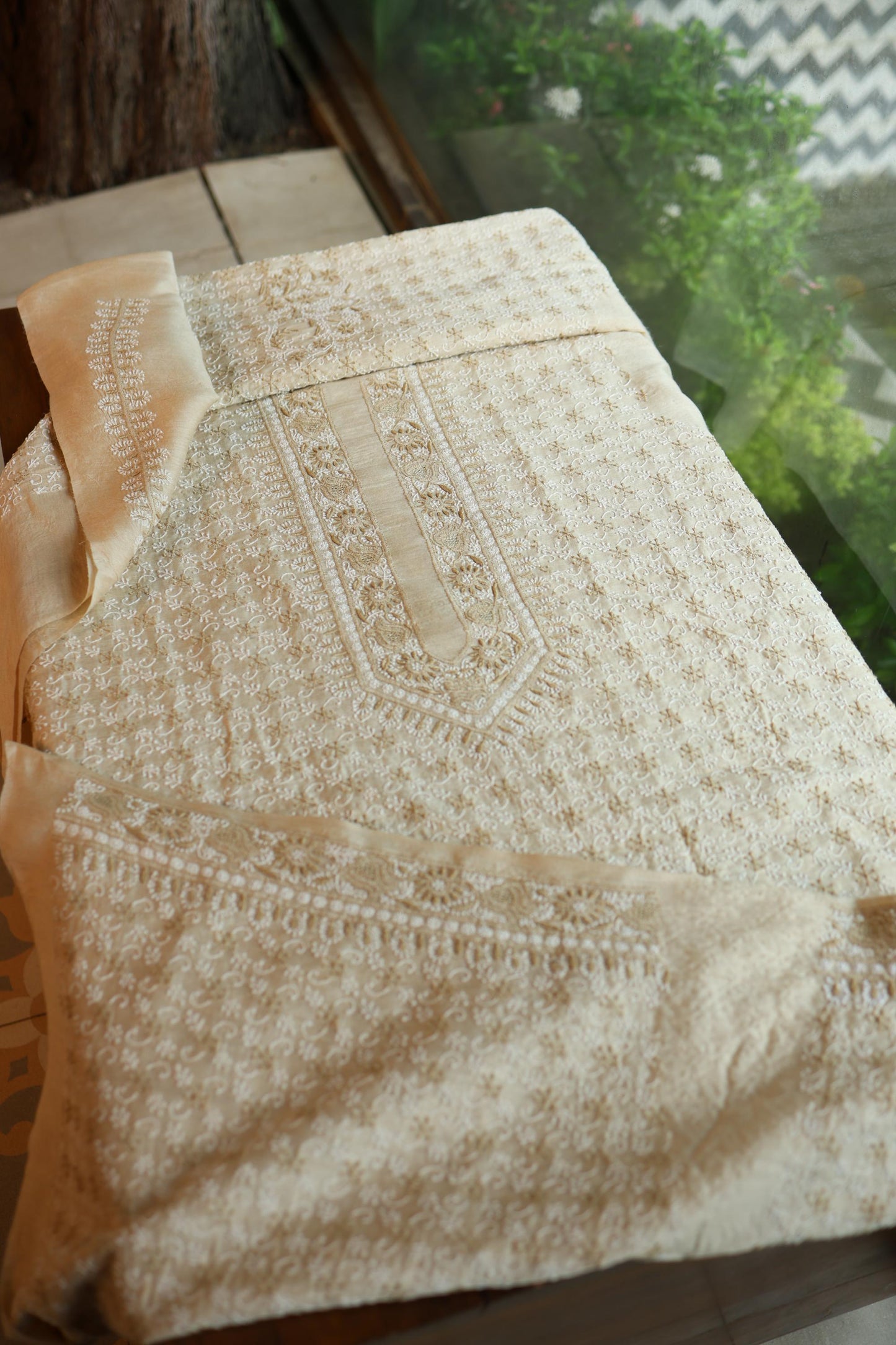 Natural Beige Tussar Silk All Over Jaal Chikankari Men’s Kurta Fabric