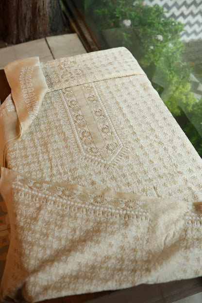 Natural Beige Tussar Silk All Over Jaal Chikankari Men’s Kurta Fabric