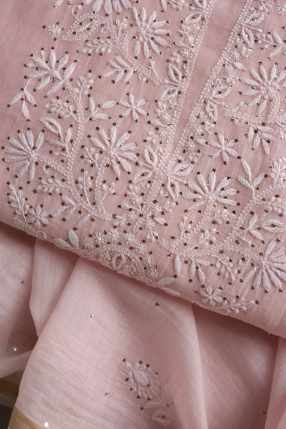 Pink Shade Mal Cotton Fine Chikankari Unstitched Fabric