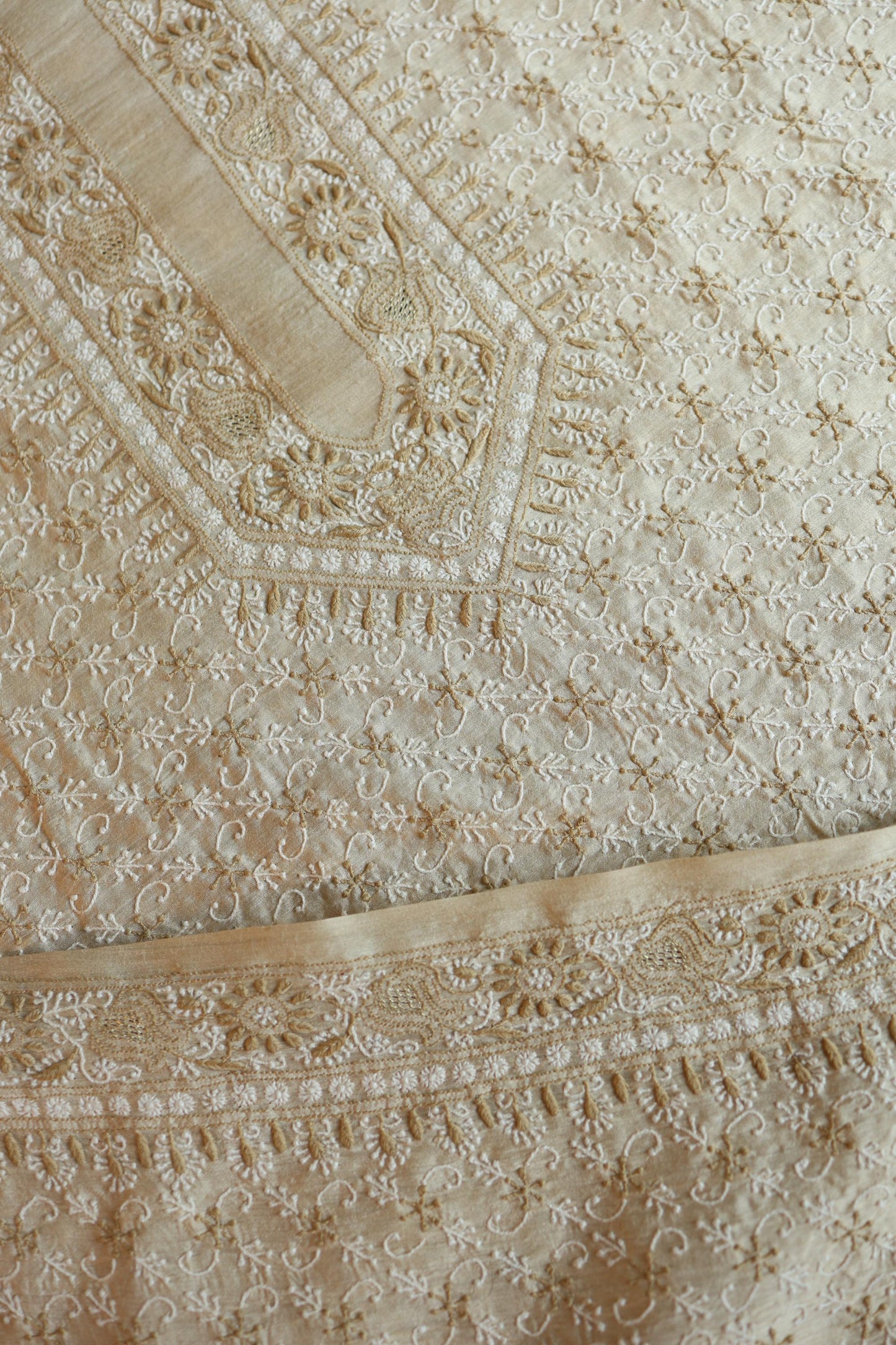 Natural Beige Tussar Silk All Over Jaal Chikankari Men’s Kurta Fabric