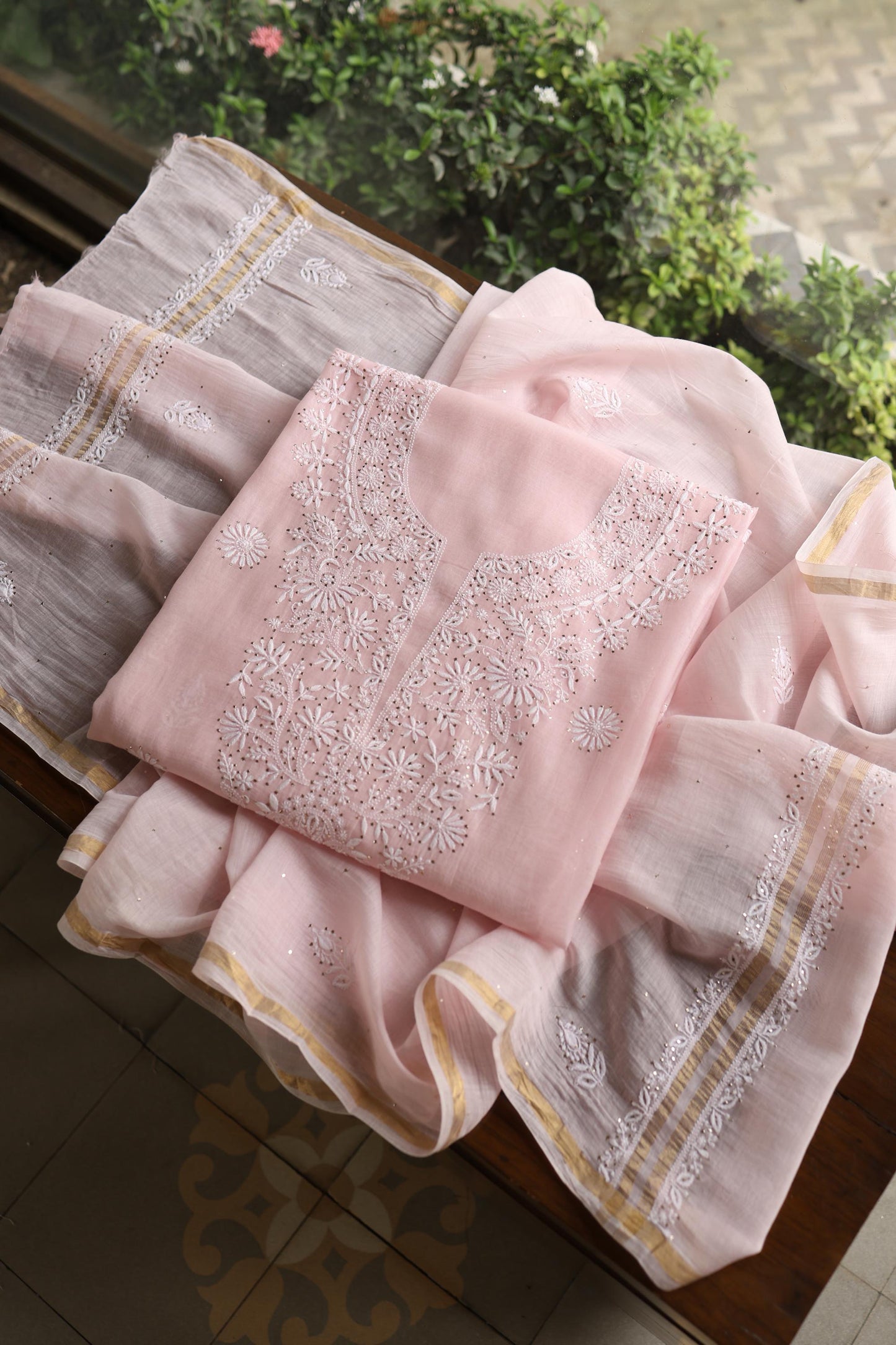 Pink Shade Mal Cotton Fine Chikankari Unstitched Fabric