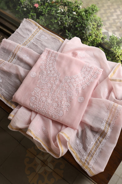 Pink Shade Mal Cotton Fine Chikankari Unstitched Fabric
