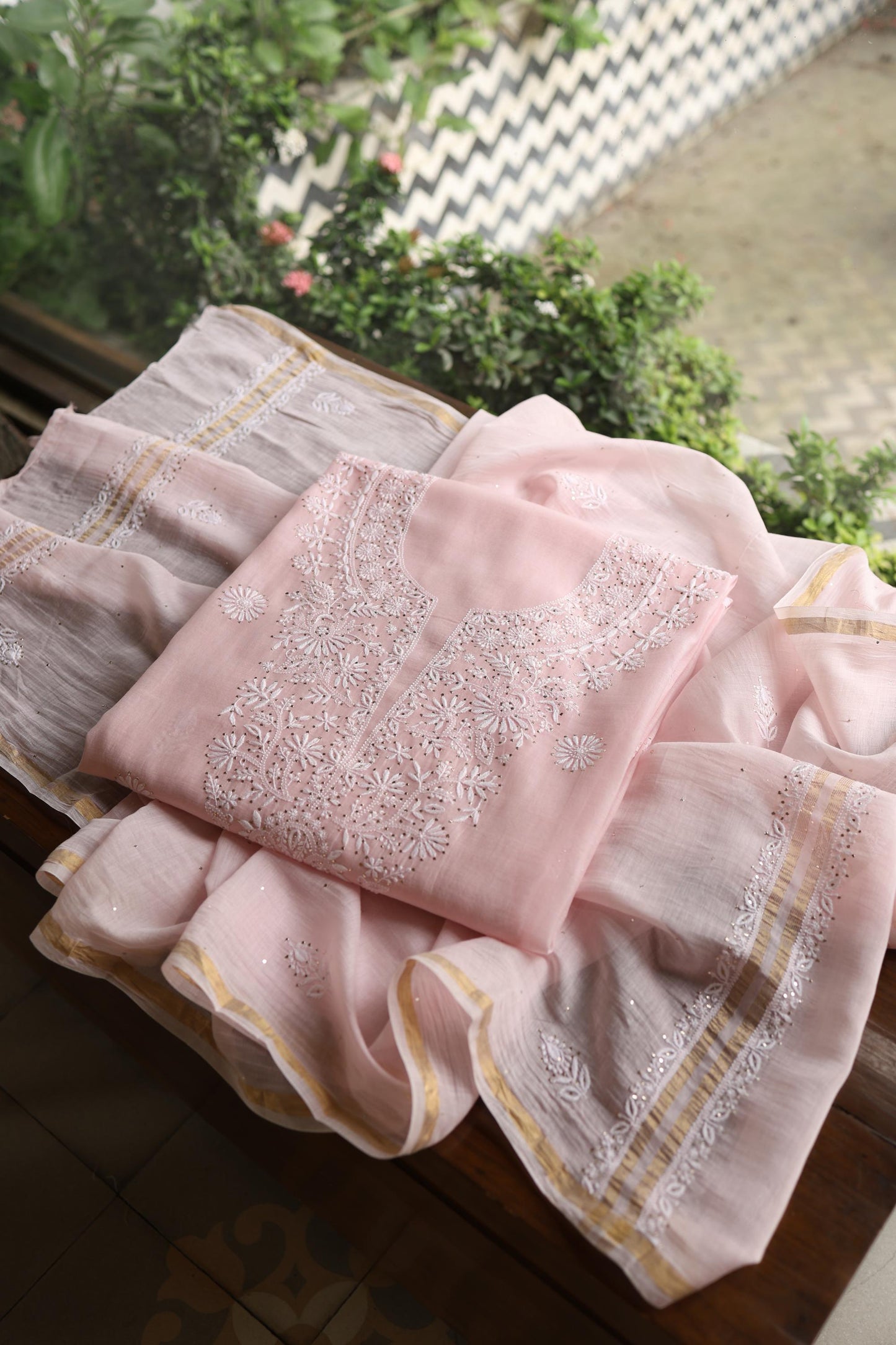 Pink Shade Mal Cotton Fine Chikankari Unstitched Fabric