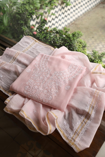 Pink Shade Mal Cotton Fine Chikankari Unstitched Fabric