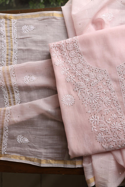 Pink Shade Mal Cotton Fine Chikankari Unstitched Fabric