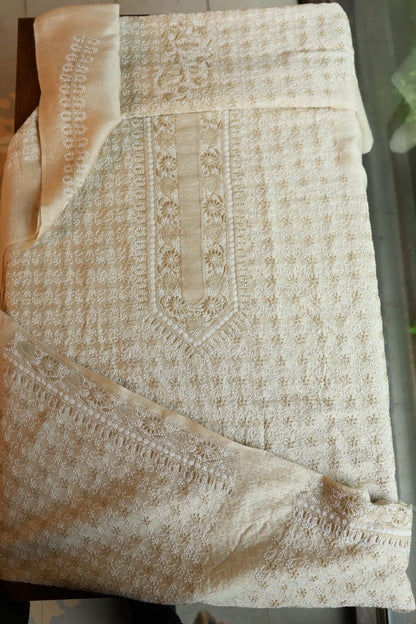 Natural Beige Tussar Silk All Over Jaal Chikankari Men’s Kurta Fabric