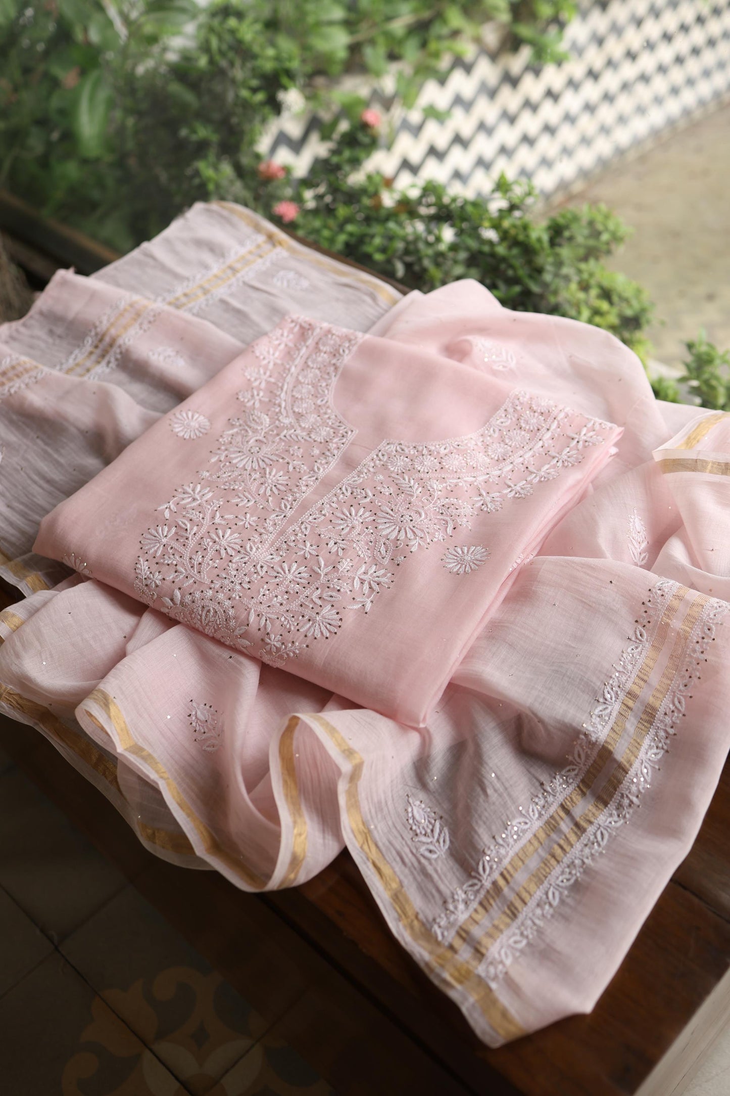Pink Shade Mal Cotton Fine Chikankari Unstitched Fabric