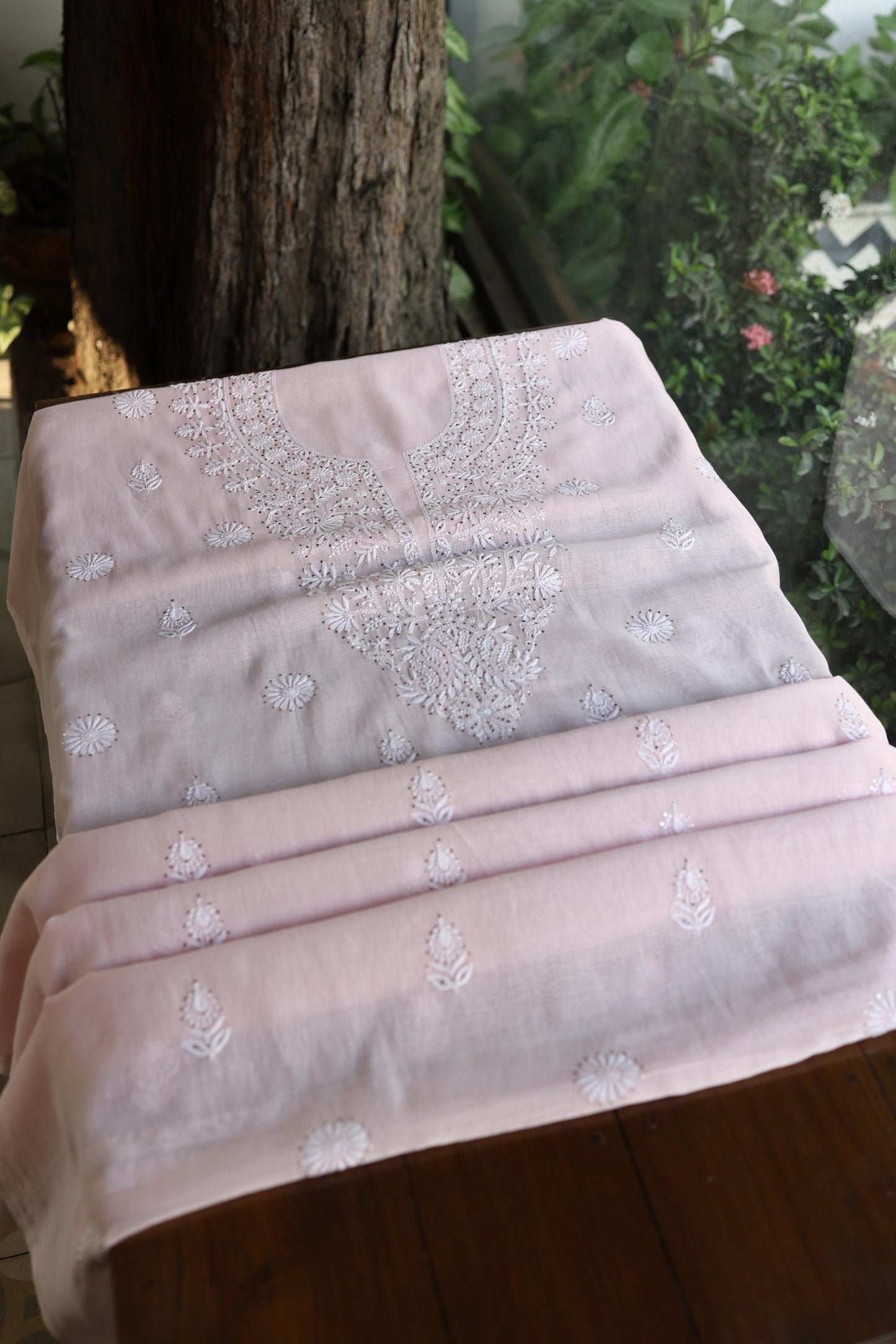 Pink Shade Mal Cotton Fine Chikankari Unstitched Fabric