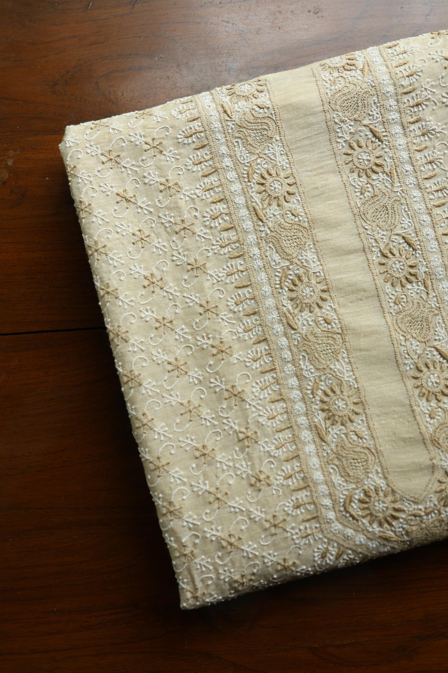 Natural Beige Tussar Silk All Over Jaal Chikankari Men’s Kurta Fabric