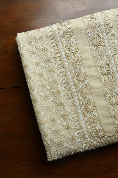 Natural Beige Tussar Silk All Over Jaal Chikankari Men’s Kurta Fabric
