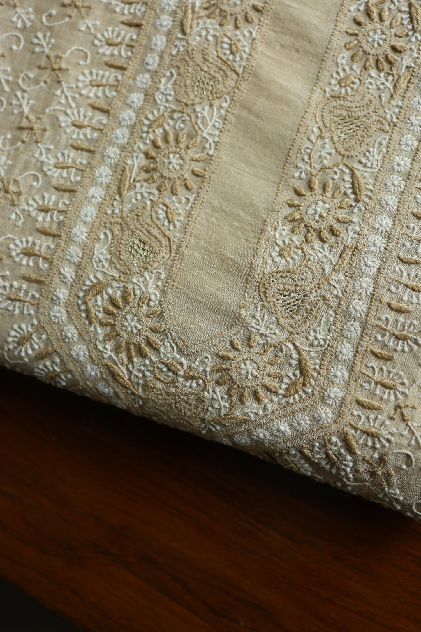 Natural Beige Tussar Silk All Over Jaal Chikankari Men’s Kurta Fabric