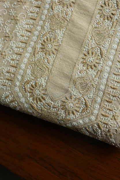 Natural Beige Tussar Silk All Over Jaal Chikankari Men’s Kurta Fabric