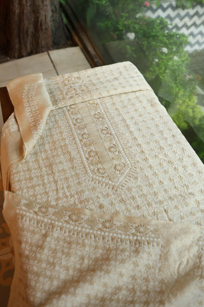 Natural Beige Tussar Silk All Over Jaal Chikankari Men’s Kurta Fabric