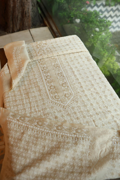 Natural Beige Tussar Silk All Over Jaal Chikankari Men’s Kurta Fabric