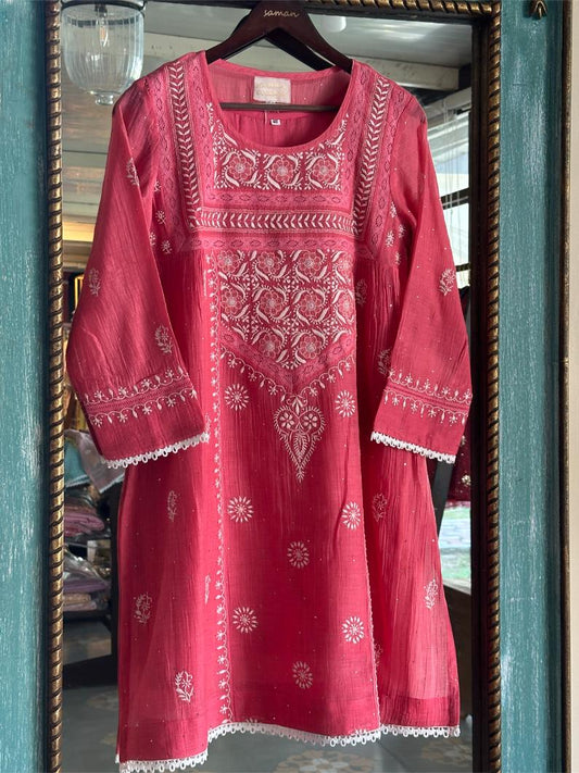 Pink Shade Malmal Chikankari Kamdani Short Kurti
