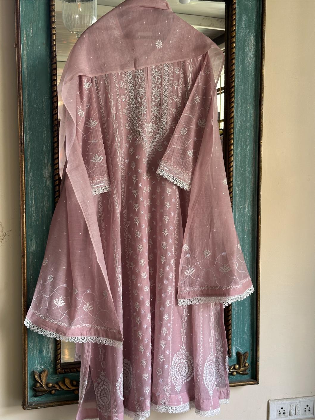 Pink Shade Malmal Pearl Work Chikankari Anarkali