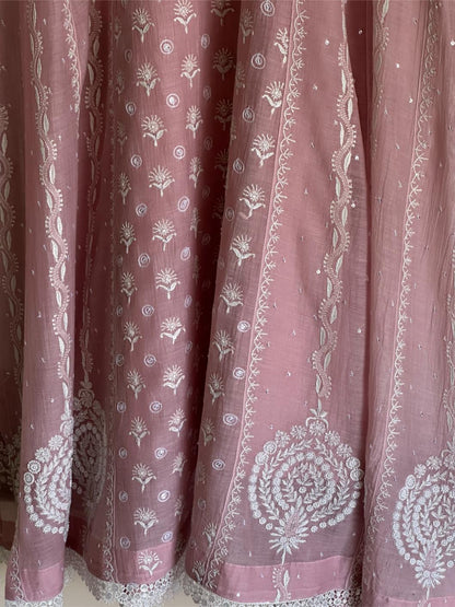 Pink Shade Malmal Pearl Work Chikankari Anarkali