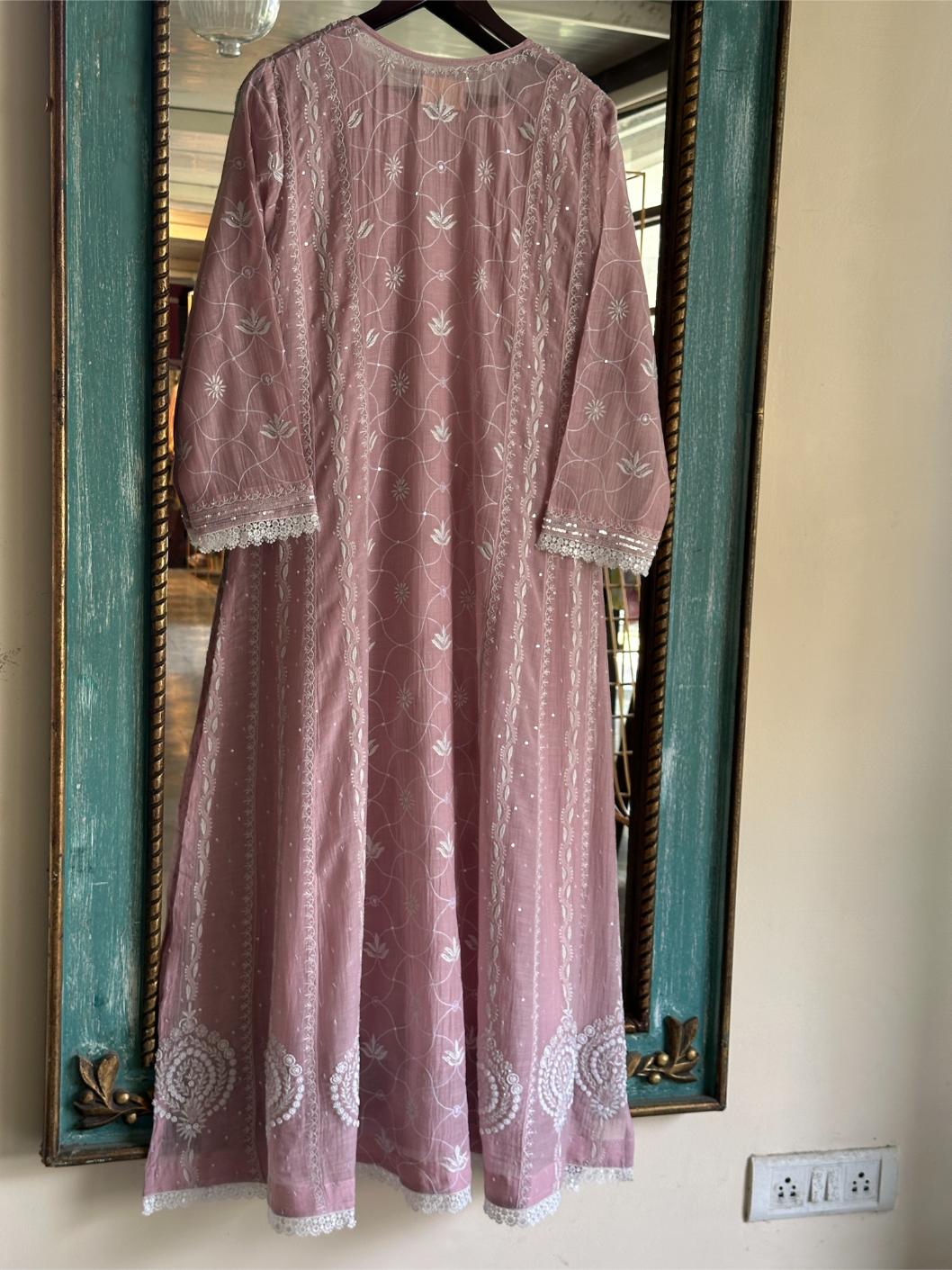Pink Shade Malmal Pearl Work Chikankari Anarkali