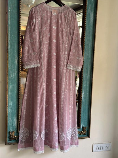Pink Shade Malmal Pearl Work Chikankari Anarkali