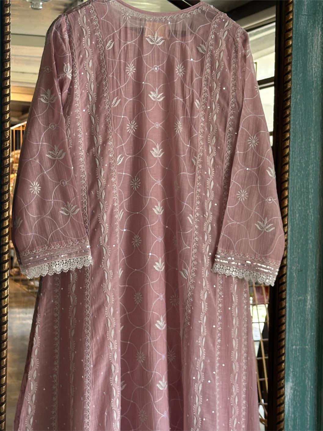 Pink Shade Malmal Pearl Work Chikankari Anarkali