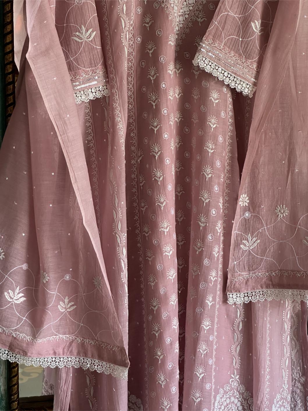 Pink Shade Malmal Pearl Work Chikankari Anarkali