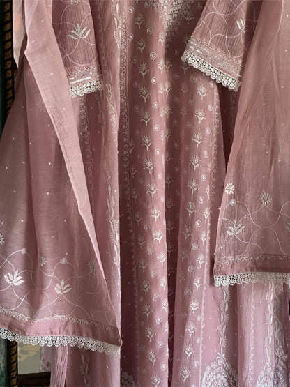 Pink Shade Malmal Pearl Work Chikankari Anarkali