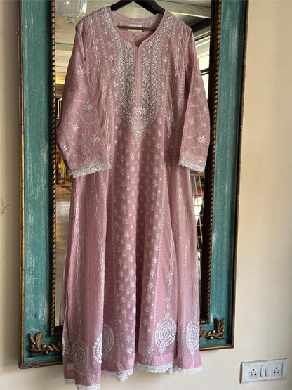 Pink Shade Malmal Pearl Work Chikankari Anarkali